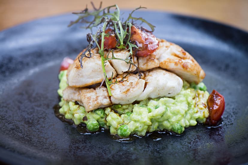 Hake with pea risotto - contemporary Irish cuisine at Mad Monk